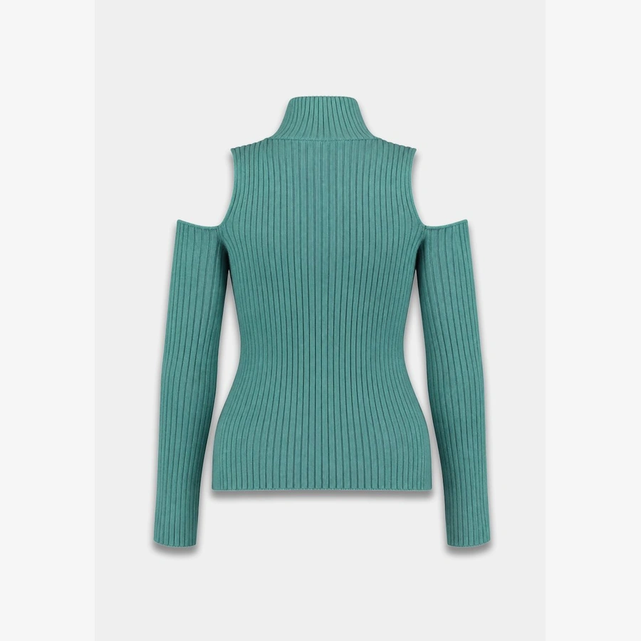 Achterkant Harper and Yve trui Anne Icy Mint met fijne ribstructuur en open schouderdetails