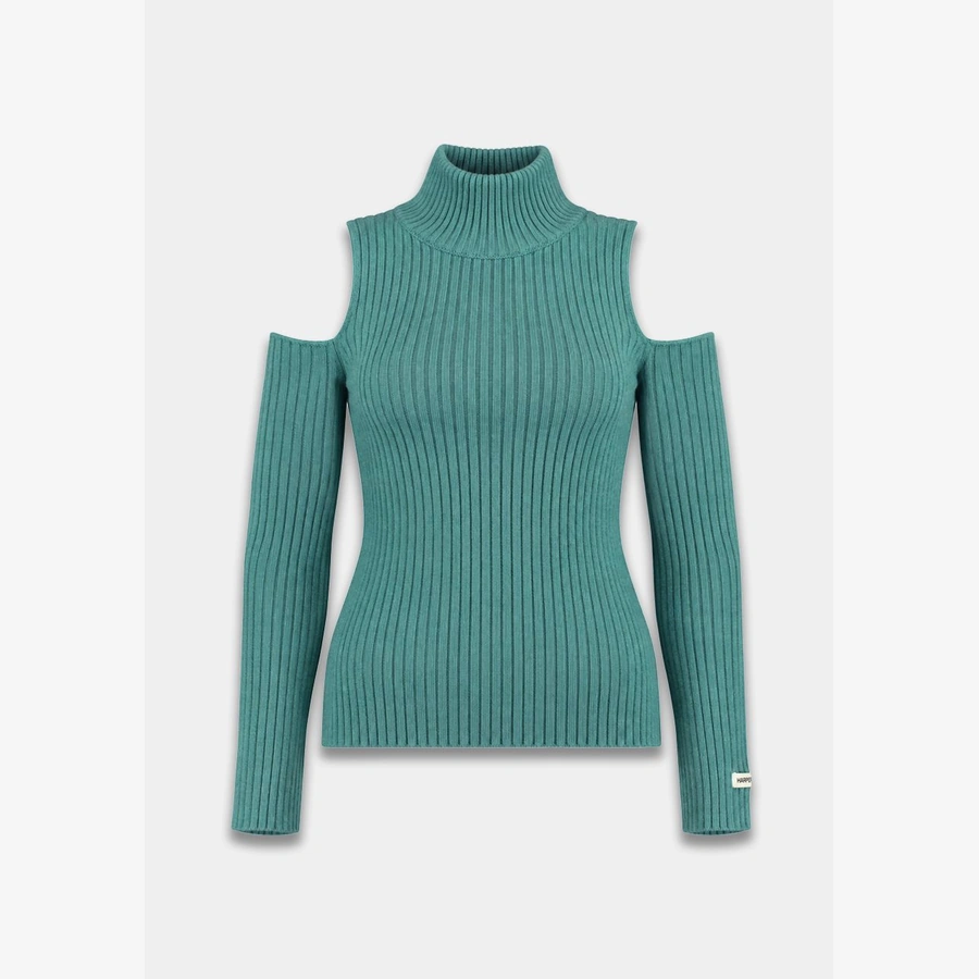 Harper and Yve trui Anne Icy Mint turquoise ribgebreide damestrui met hoge col en open schouders