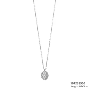 ilverkleurige ketting met fijne schakels en een ovale hanger bezet met heldere steentjes