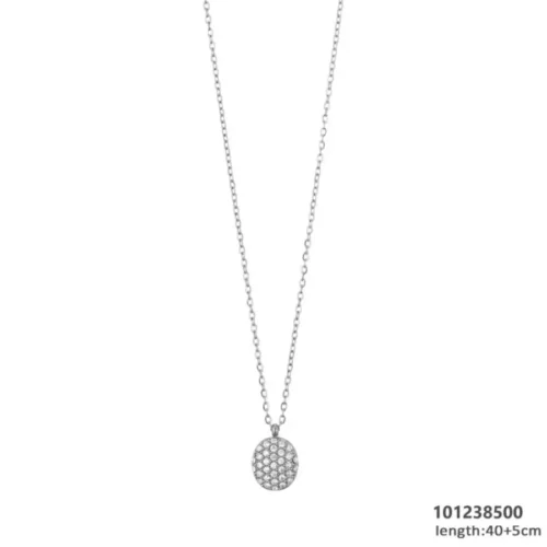 ilverkleurige ketting met fijne schakels en een ovale hanger bezet met heldere steentjes