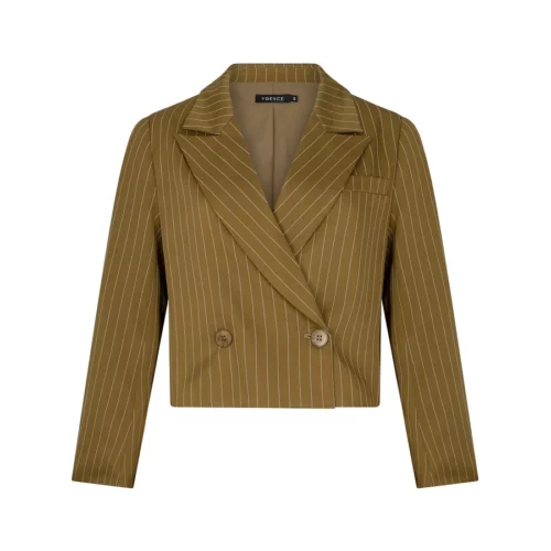 Voorkant van de cropped Ydence blazer Shanna in olive met dubbele knoopsluiting en verticale krijtstreep