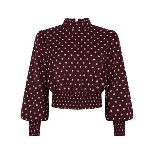 Ydence Top Tessa Plum met roze stippen, opstaand kraagje, ballonmouwen en gesmokte taille