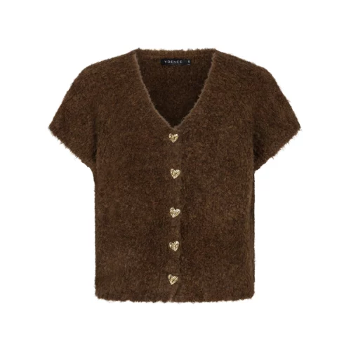 Ydence cardigan Rochelle in warm donkerbruin, voorkant met V-hals, korte mouwen en goudkleurige hartvormige knopen.
