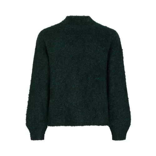 Ydence Knitted Sweater Brielle in emerald groen, voorkant met opstaande hals, zachte structuur en ballonmouwen.