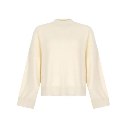 Ydence Knitted Sweater Patty in off-white, voorkant met opstaande hals, zachte structuur en wijde mouwen.