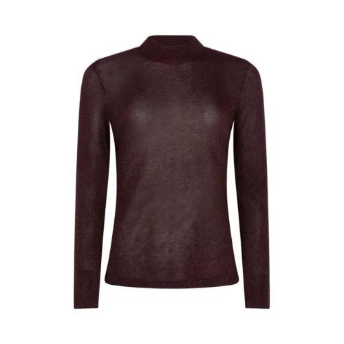 Ydence Knitted Top Lotte in plum, voorkant met lange mouwen, opstaande hals en subtiele glans.