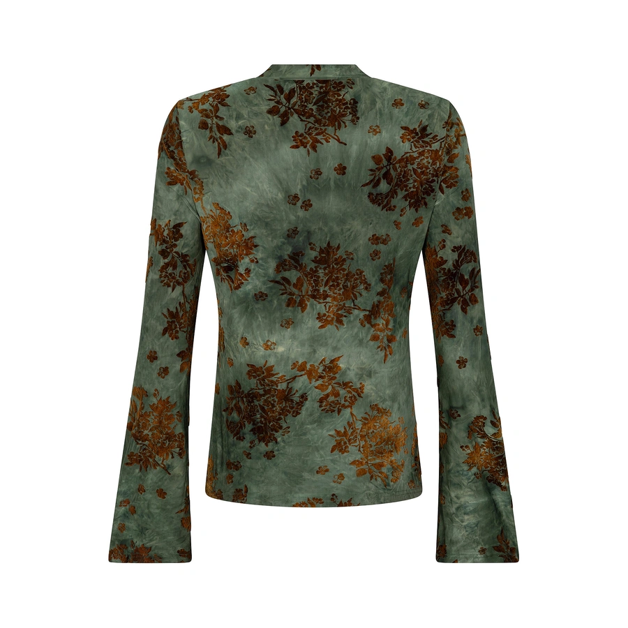 Achteraanzicht van Ydence top Eggy in een groenblauwe tint met bruine flock bloemenprint en uitlopende mouwen.