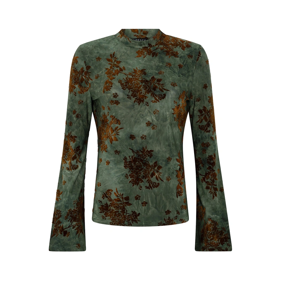 Ydence top Eggy in groenblauw met bruine flock bloemenprint, opstaande hals en uitlopende lange mouwen.