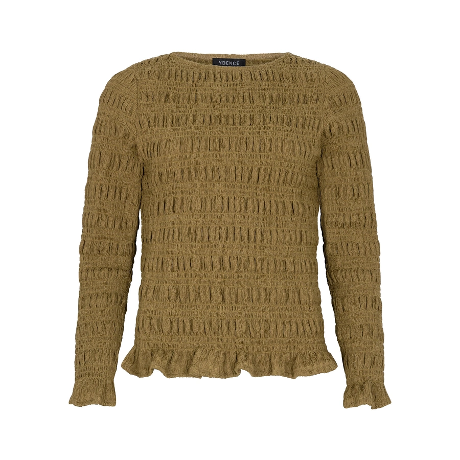 Ydence top Sonia in olijfkleur met lange mouwen, gestructureerde stof en elegante ronde hals.