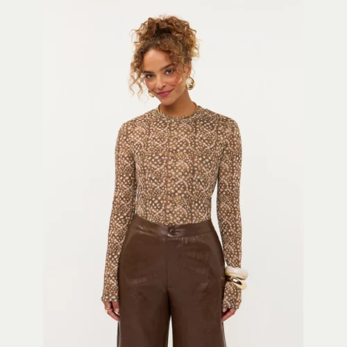 Ydence top Willemijn met beige bruine dierenprint, transparante meshstof en lange mouwen