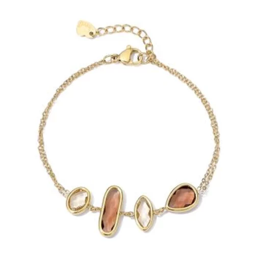goudkleurige armband met bruine stenen, stainless steel armband met stenen, armband met bruine en heldere stenen, fijne verstelbare armband dames, armband met verschillende steenvormen, armband Anaïs goudkleur, armband 200748511