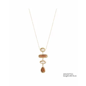Goudkleurige ketting Amber met een langwerpige hanger, ovale details en bruine stenen in een afgeronde rechthoek en druppelvorm