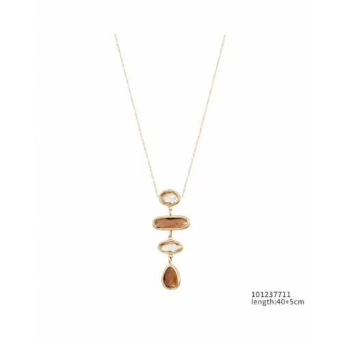 Goudkleurige ketting Amber met een langwerpige hanger, ovale details en bruine stenen in een afgeronde rechthoek en druppelvorm