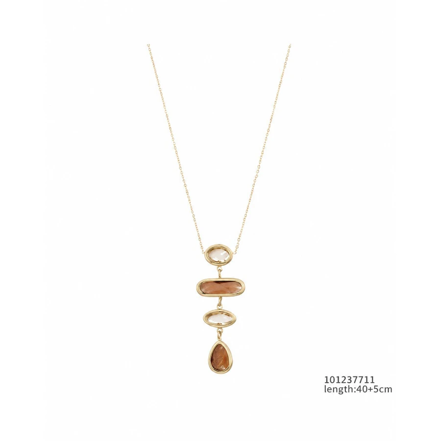 Goudkleurige ketting Amber met een langwerpige hanger, ovale details en bruine stenen in een afgeronde rechthoek en druppelvorm