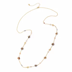 Goudkleurige ketting Fleur met kleine bloemvormige details, agaat en kralen in bruin-, beige- en grijstinten