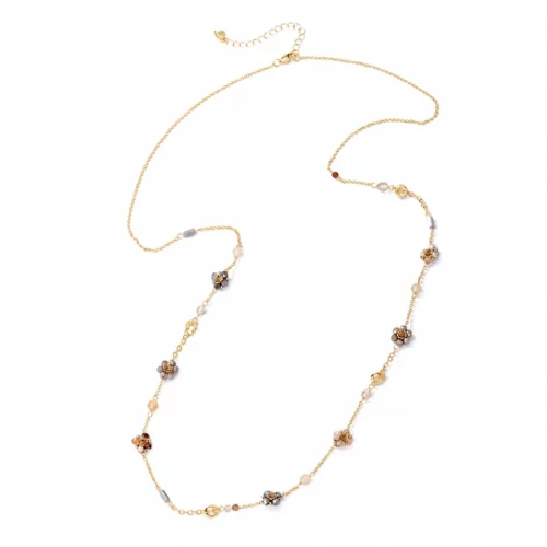 Goudkleurige ketting Fleur met kleine bloemvormige details, agaat en kralen in bruin-, beige- en grijstinten